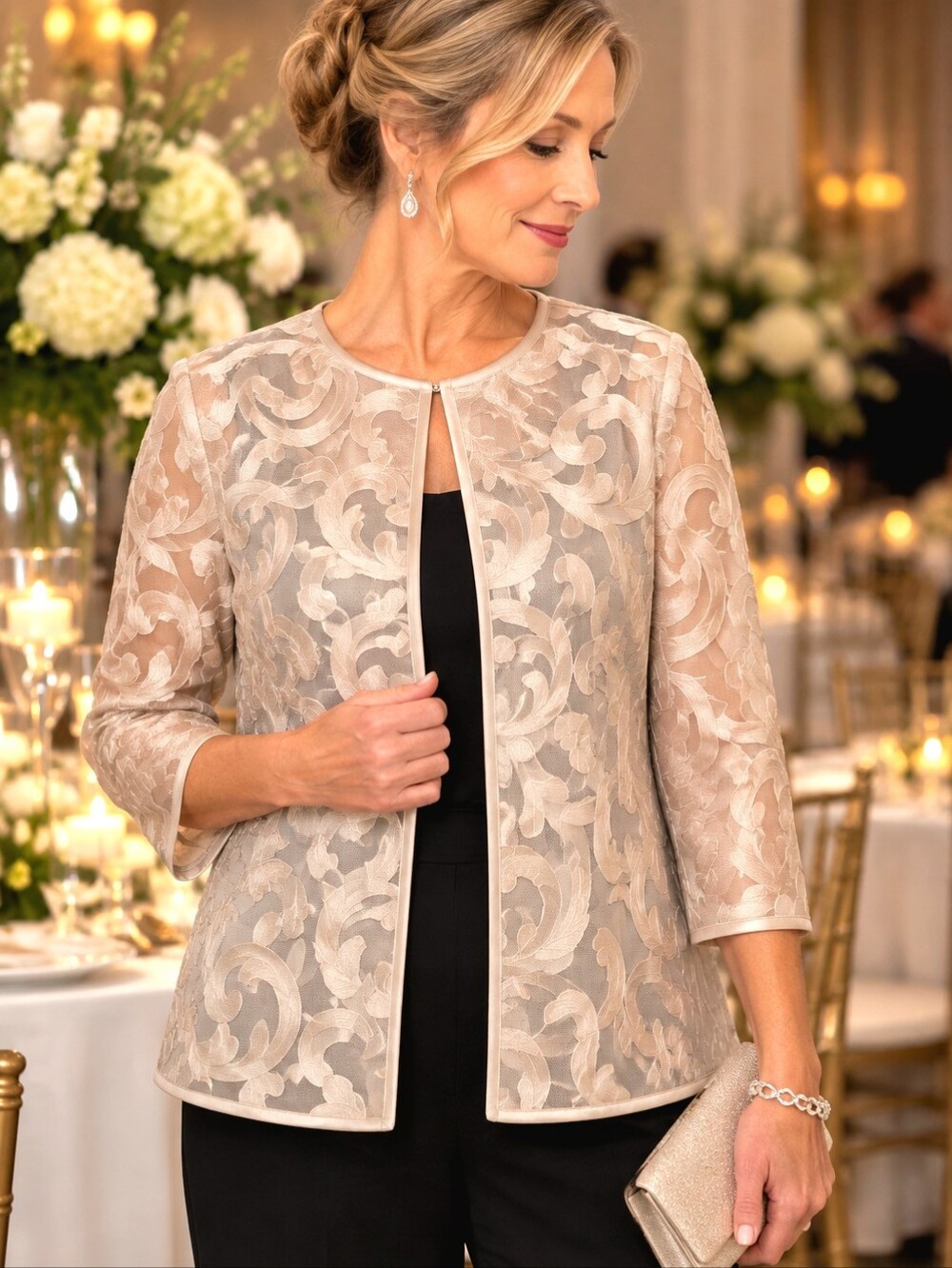 Chico’s Travelers Size 1 M Champagne Gold Laser Lace Scroll Jacket Topper Sheer